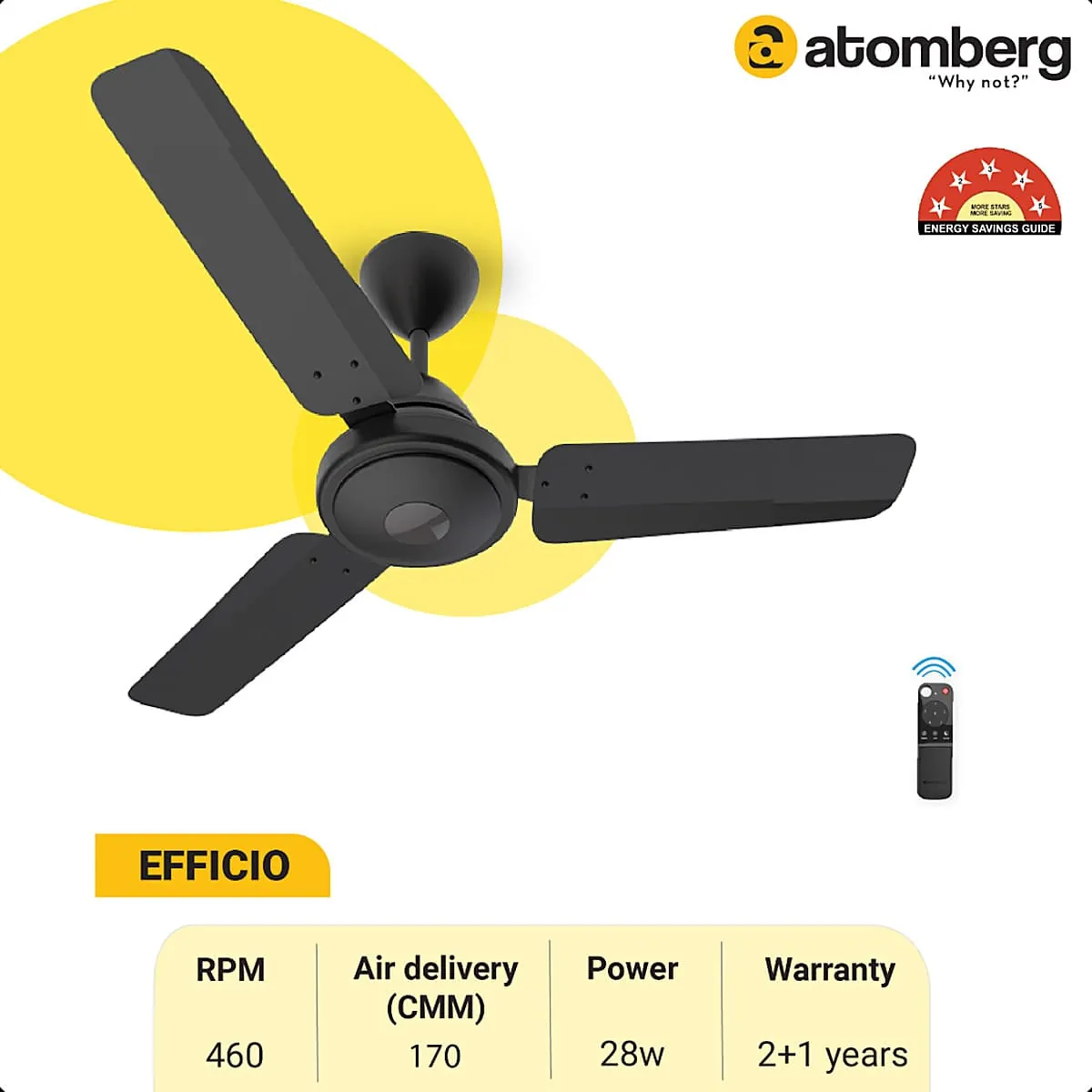 Atomberg Efficio 900 mm Energy Efficient Ceiling Fan With BLDC Motor & Remote (Matt Black)