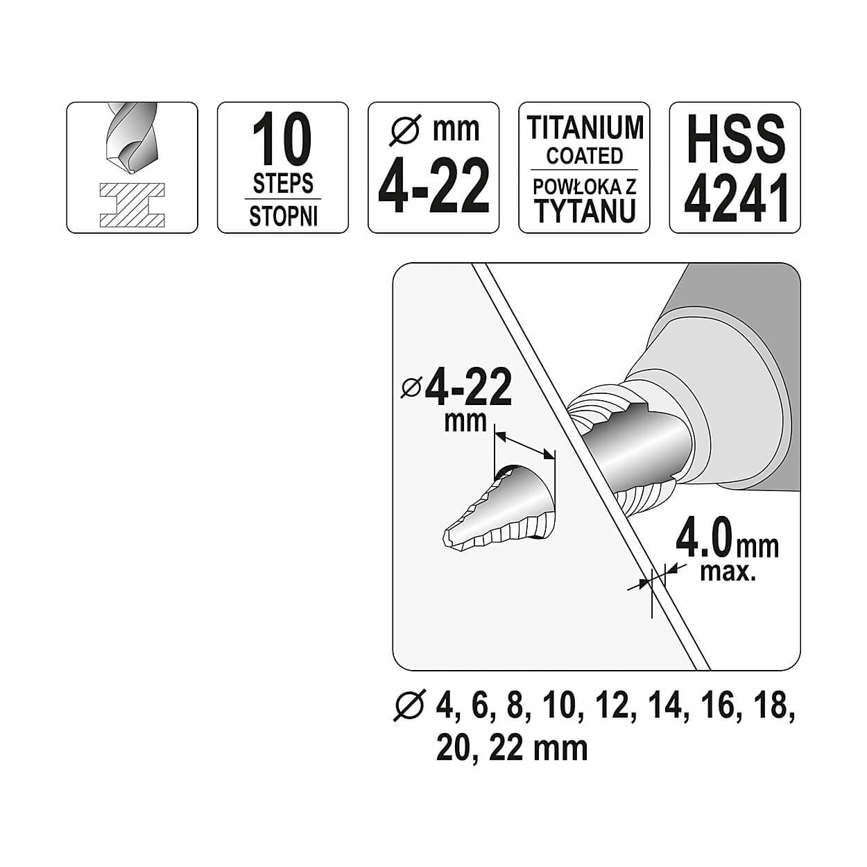 Yato 4-22 mm Step Drill Bit, YT-44741