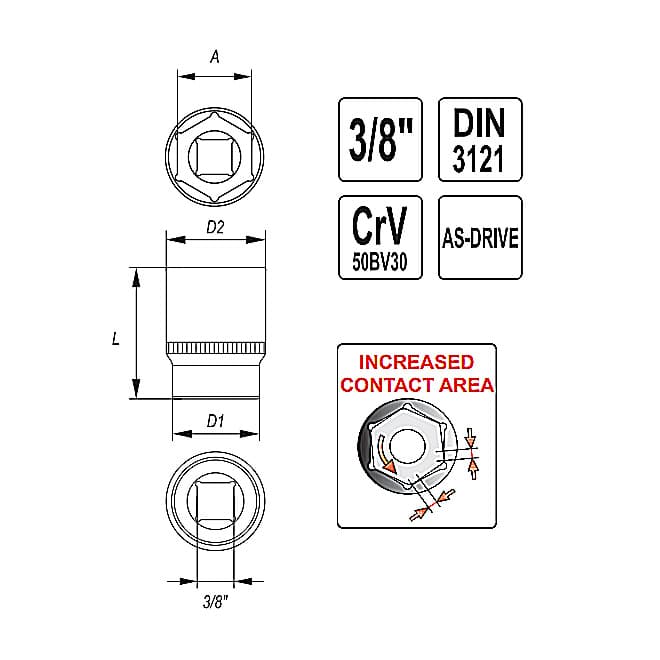 Yato 7 mm, 3/8 Inch Sq. Drive Hexagonal Socket (6 Point), YT-3802