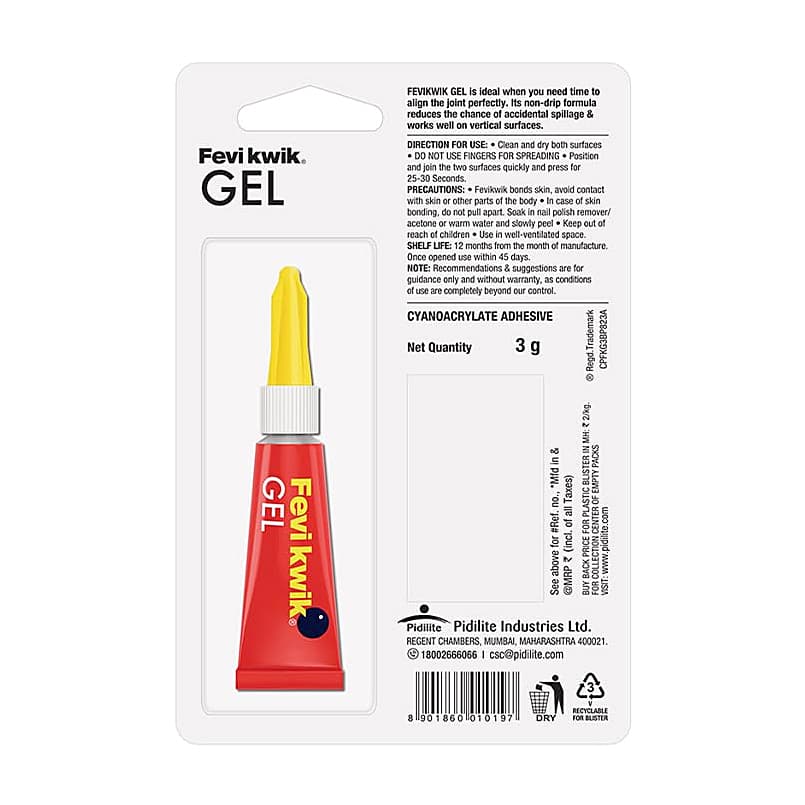 Fevikwik Gel 3 gms Non-Drip Instant Adhesive (Pack of 12 Pcs)