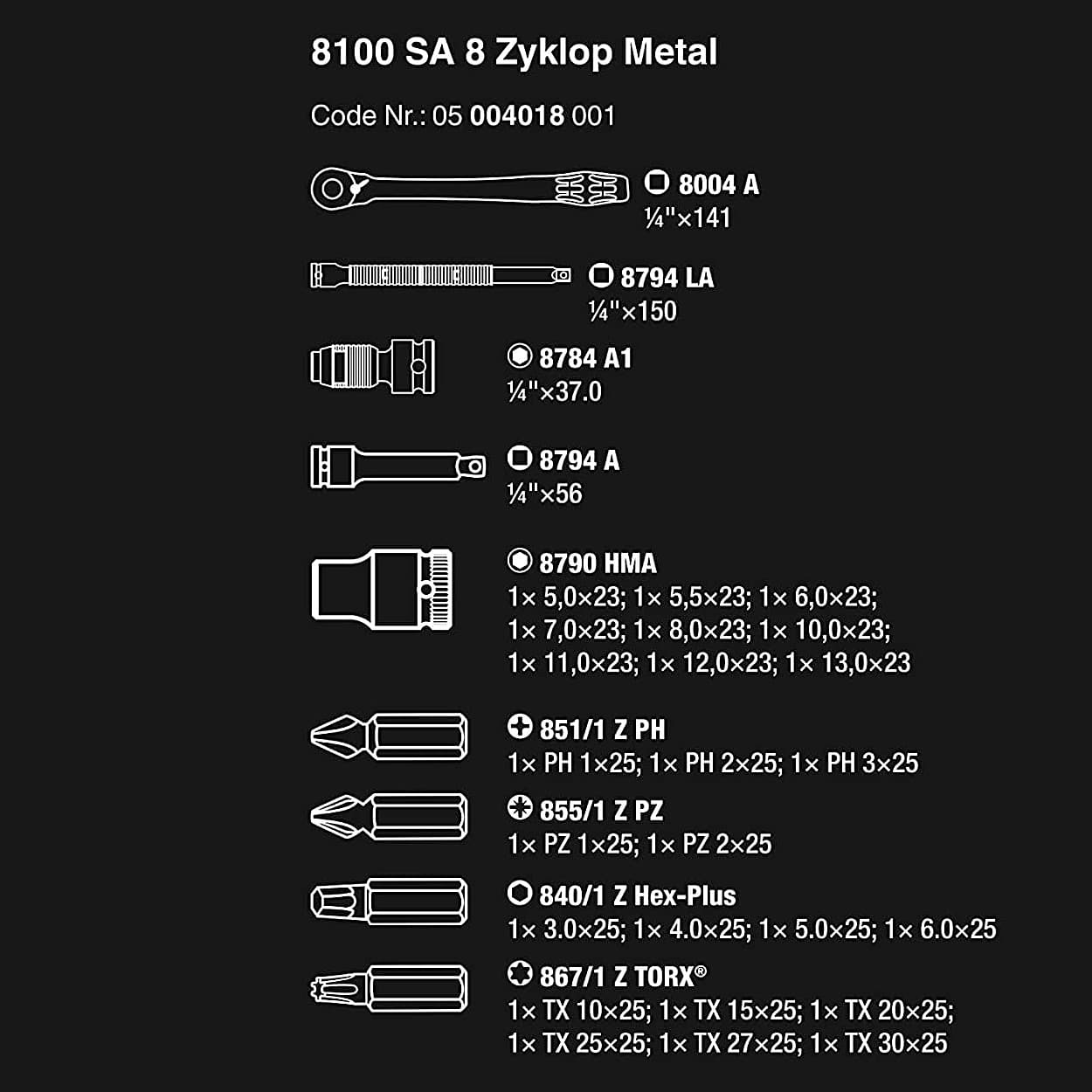 Wera 28 Pcs 8100 SA 8 Zyklop Metal Ratchet Set With Switch lever 1/4" Drive Metric, 05004018001