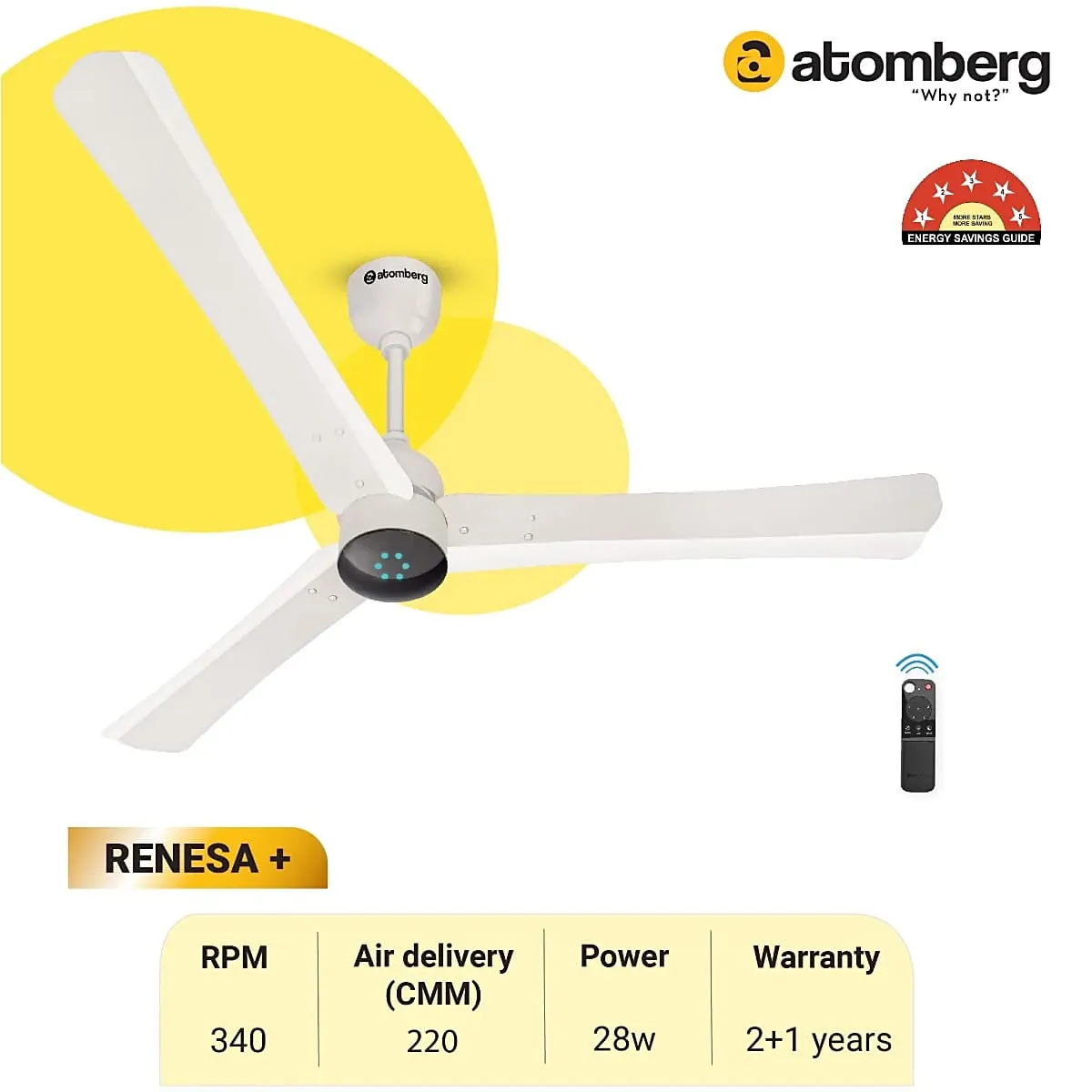 Atomberg Renesa+ 1200 mm Energy Efficient Dust Resistant Ceiling Fan with BLDC Motor and Remote (Pearl White)