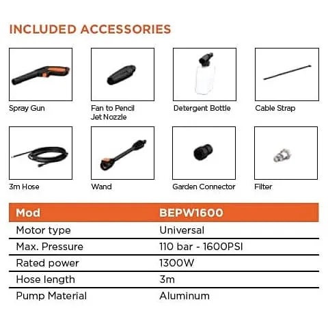 Black+Decker 1300W 110 Bar, 1600 PSI Pressure Washer For Car Wash & Home Use, BEPW1600-IN