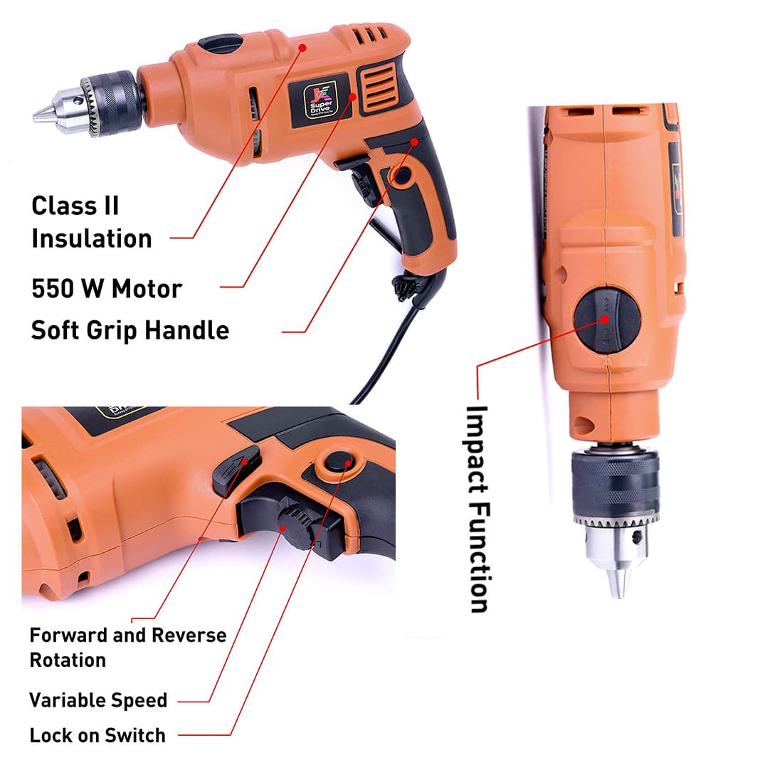 JK Super Drive Professional Tool Kit with 13mm (550Watt) Heavy duty Impact Drill Machine For Home, DIY & Professional Use (98-Pieces), SD9000014A