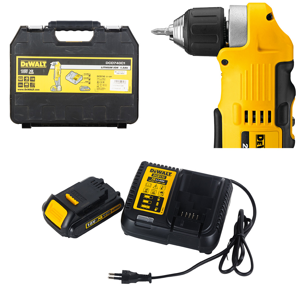 Dewalt 18V / 10mm XR Li-ion Cordless Right Angle Drill Driver 1x1.5 Ah Battery Included, DCD740C1-QW