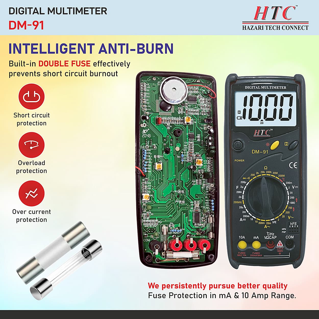 HTC 3-1/2 Digit / 1999 Count Terminal Inter Lock Mechanism Digital Multimeter With Auto Power Off, DM-91
