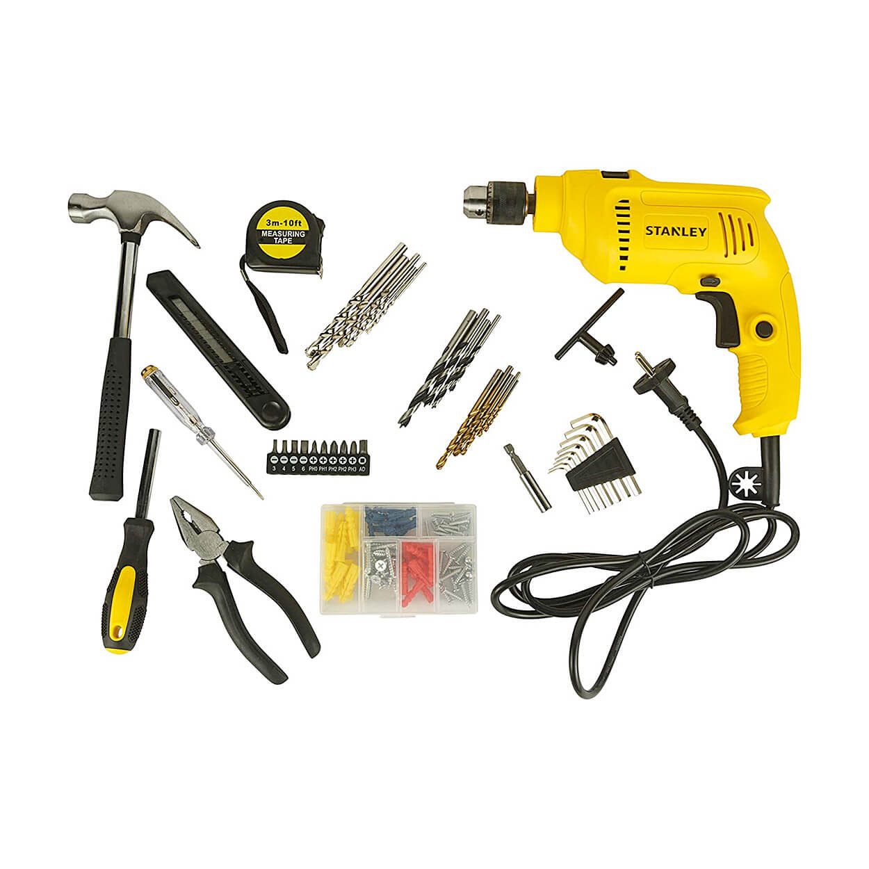 Stanley 10mm 550W Single Speed Hammer Drill & Hand Tools Kit For Home DIY & Professional Use (120 Pcs), SDH550KP-IN