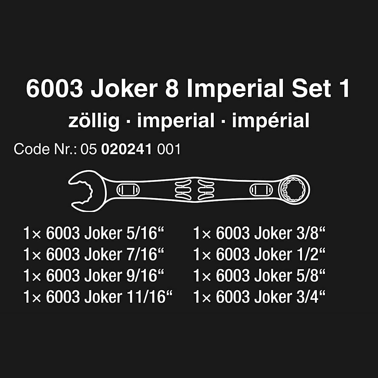Wera 6003 Joker 8 Imperial Set 1 Combination Wrench Set Imperial, 05020241001