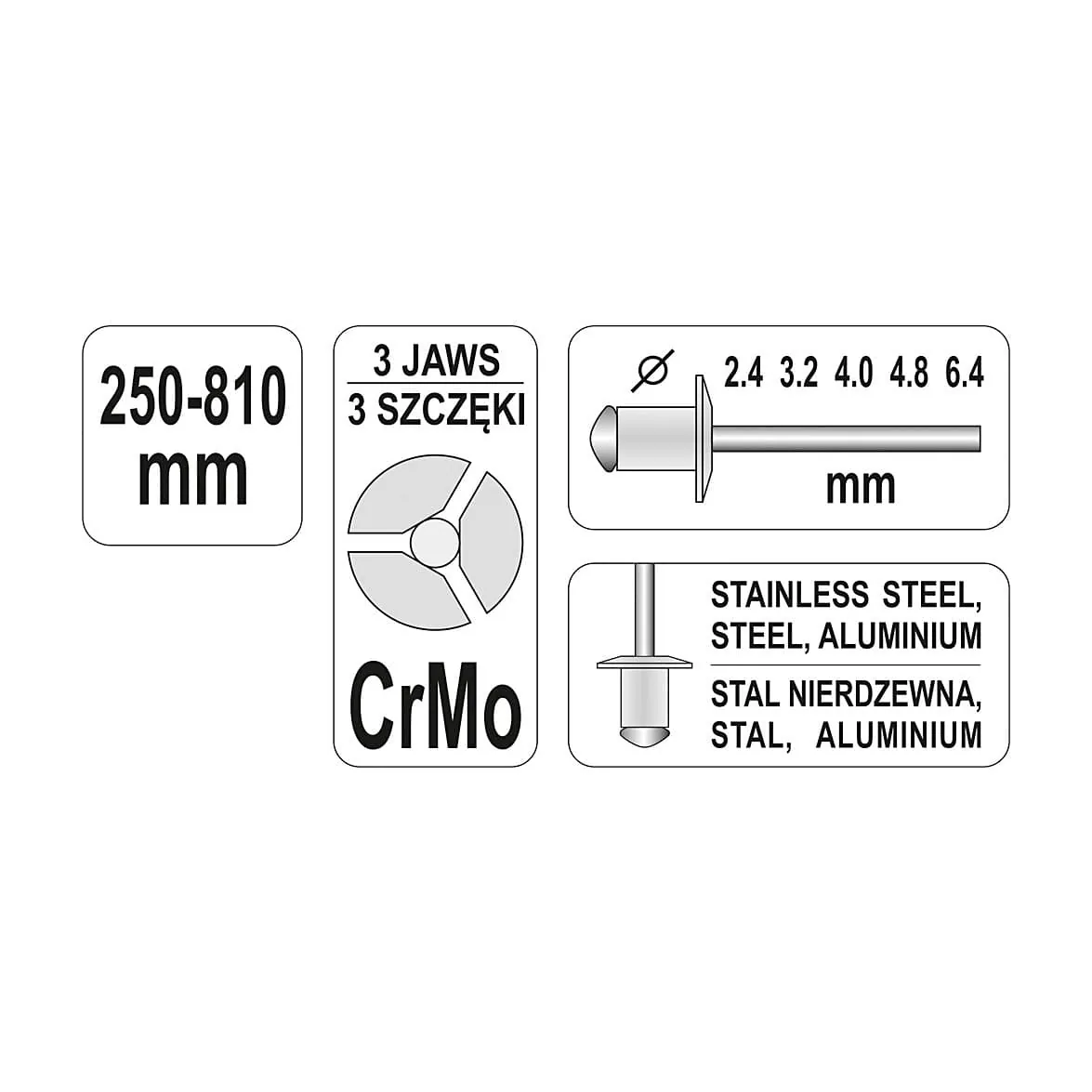 Yato 2.4 - 6.4 mm Lazy Tongue Riveter, YT-36060