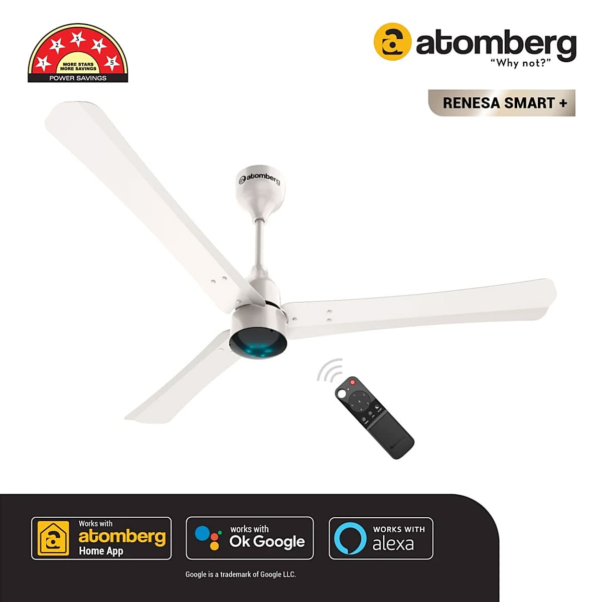 Atomberg Renesa Smart+ 1200 mm IOT enabled Ceiling Fans with BLDC Motor and Remote (Pearl White)
