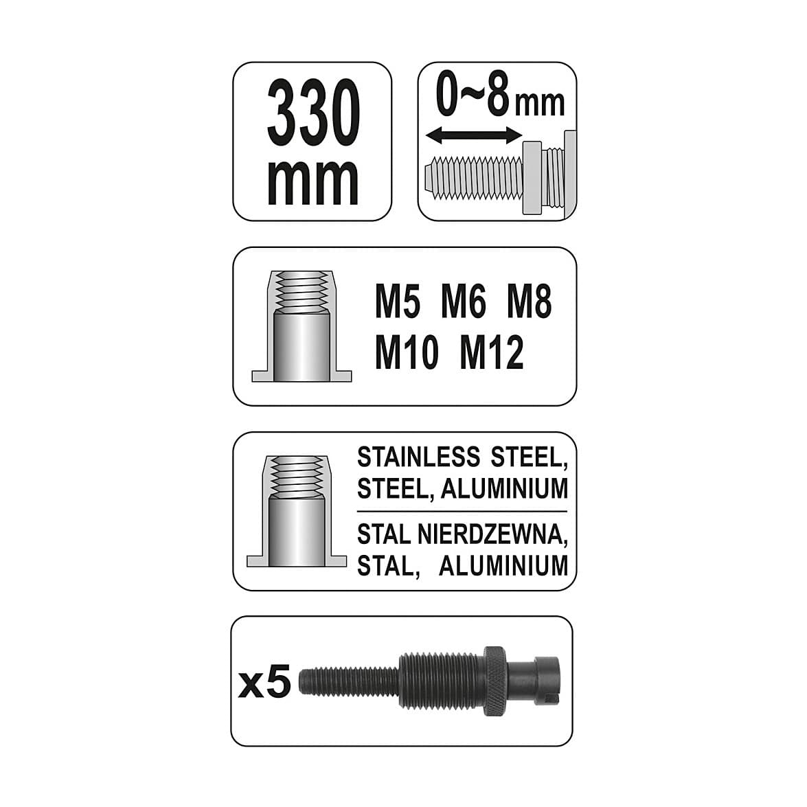 Yato M5 - M12 mm Hand Riveter Nut, YT-3612