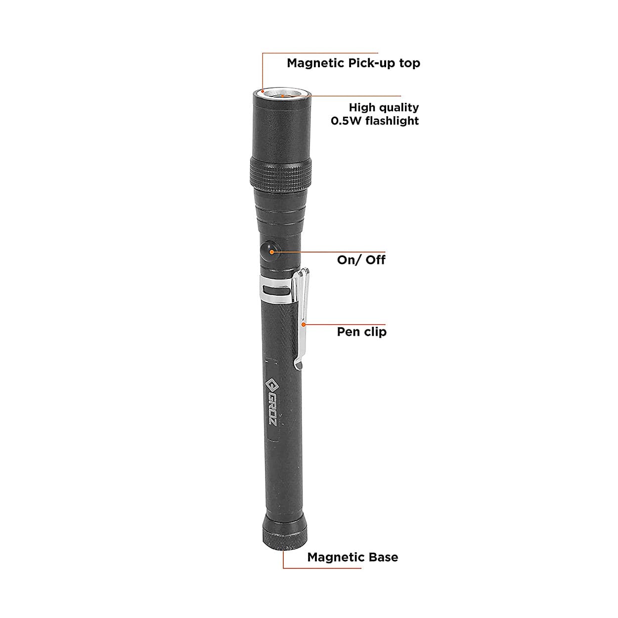 Groz 0.5W Telescopic Magnetic Pick Up Light (Extendable Torch), LED/131