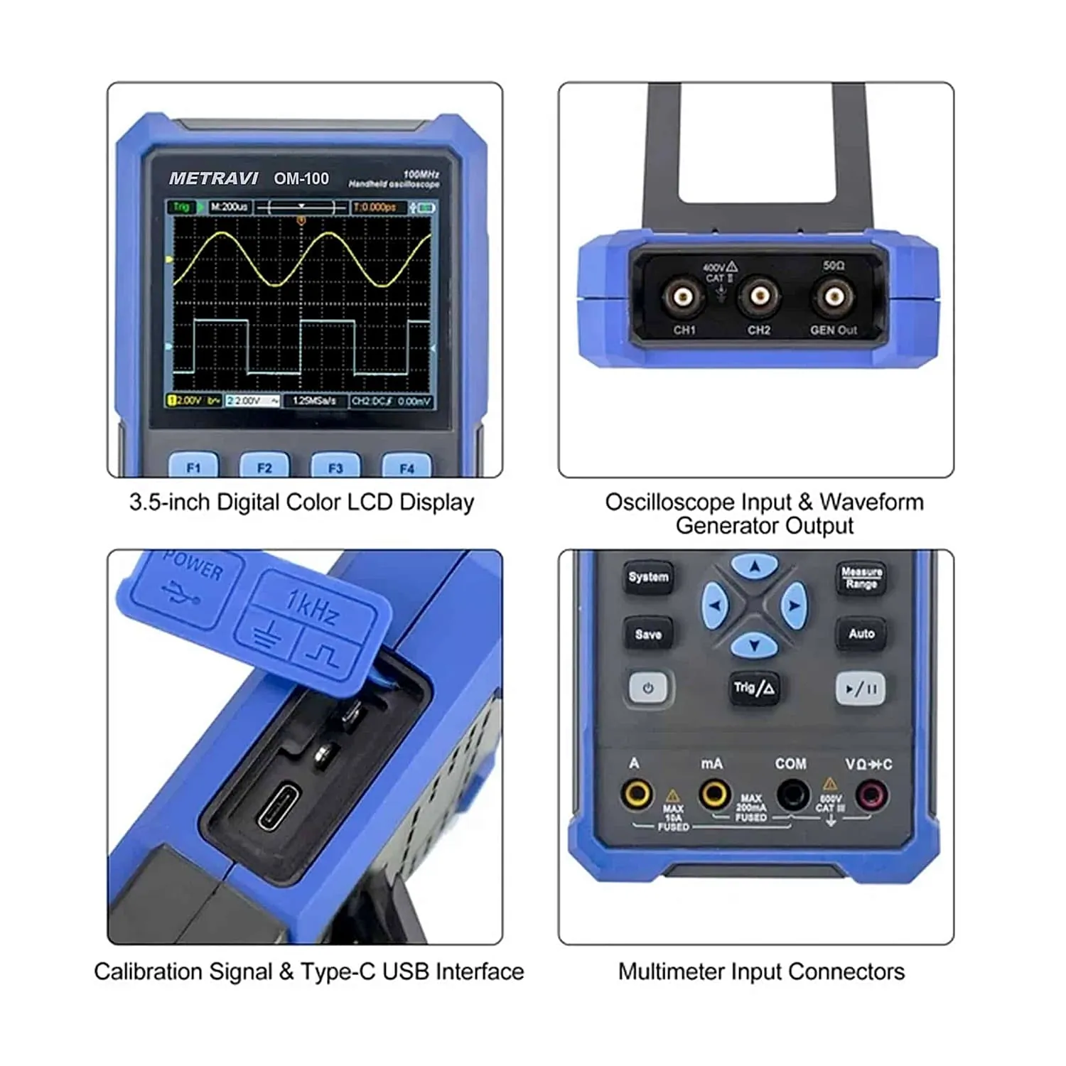 Metravi 100MHz / 500MSa/s Dual Channel Digital Handheld Oscilloscope, OM-100