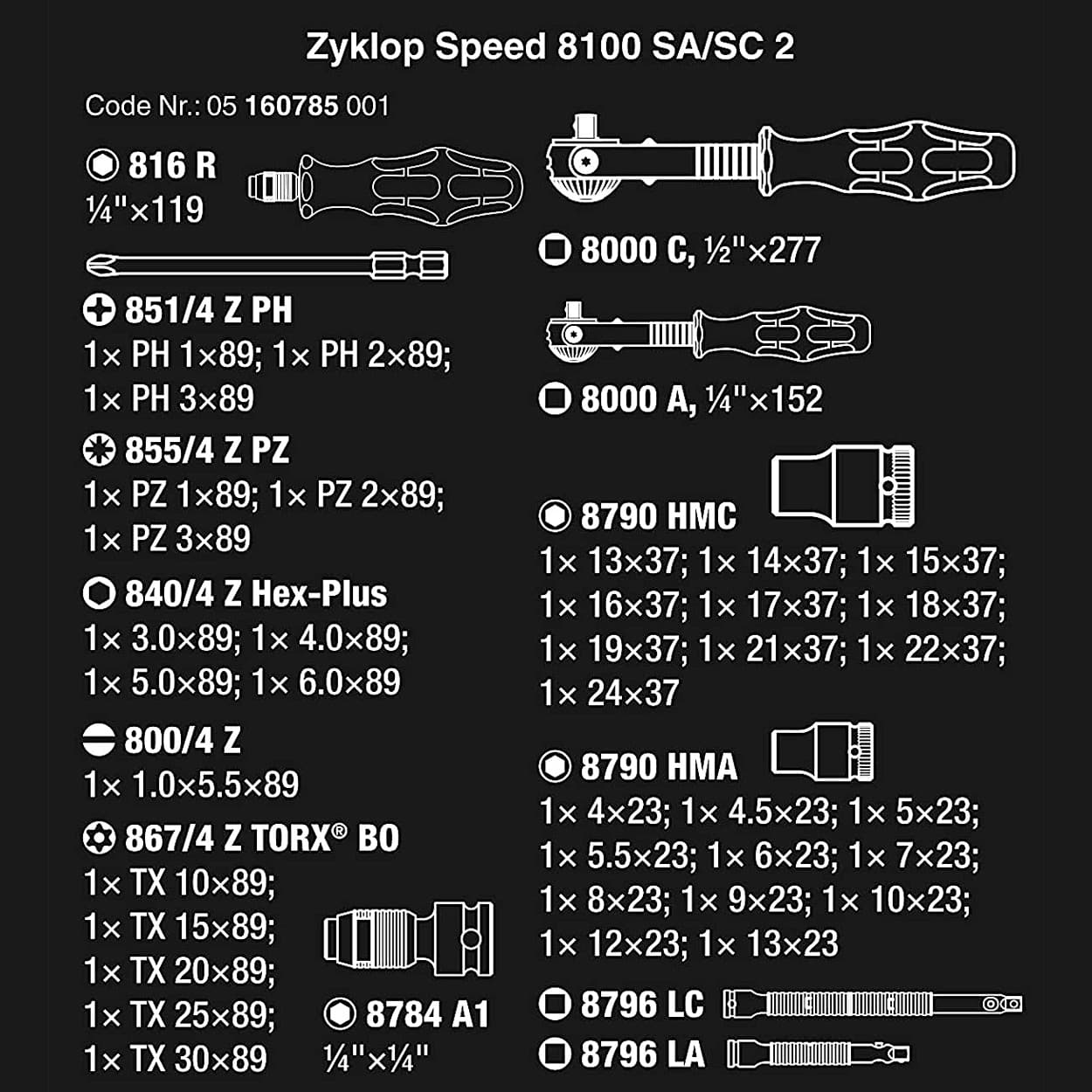 Wera 43 Pcs 8100 SA/SC 2 Zyklop Speed Ratchet Set 1/4" Drive & 1/2" Drive Metric, 05160785001
