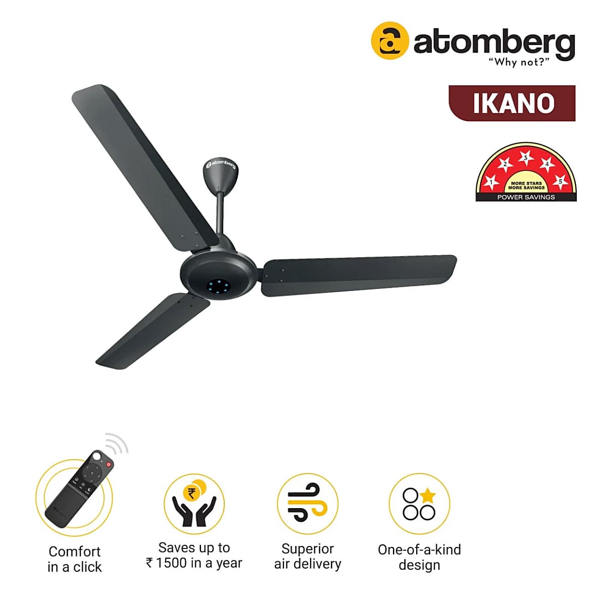 Atomberg Ikano 1200 mm Energy Efficient Ceiling Fan With BLDC Motor & Remote (Pebble Grey)