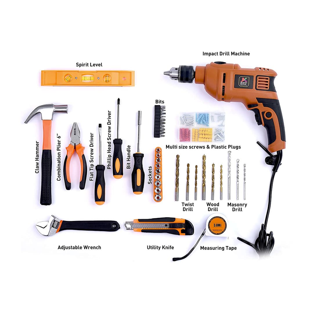 JK Super Drive Professional Tool Kit with 13mm (550Watt) Heavy duty Impact Drill Machine For Home, DIY & Professional Use (98-Pieces), SD9000014A
