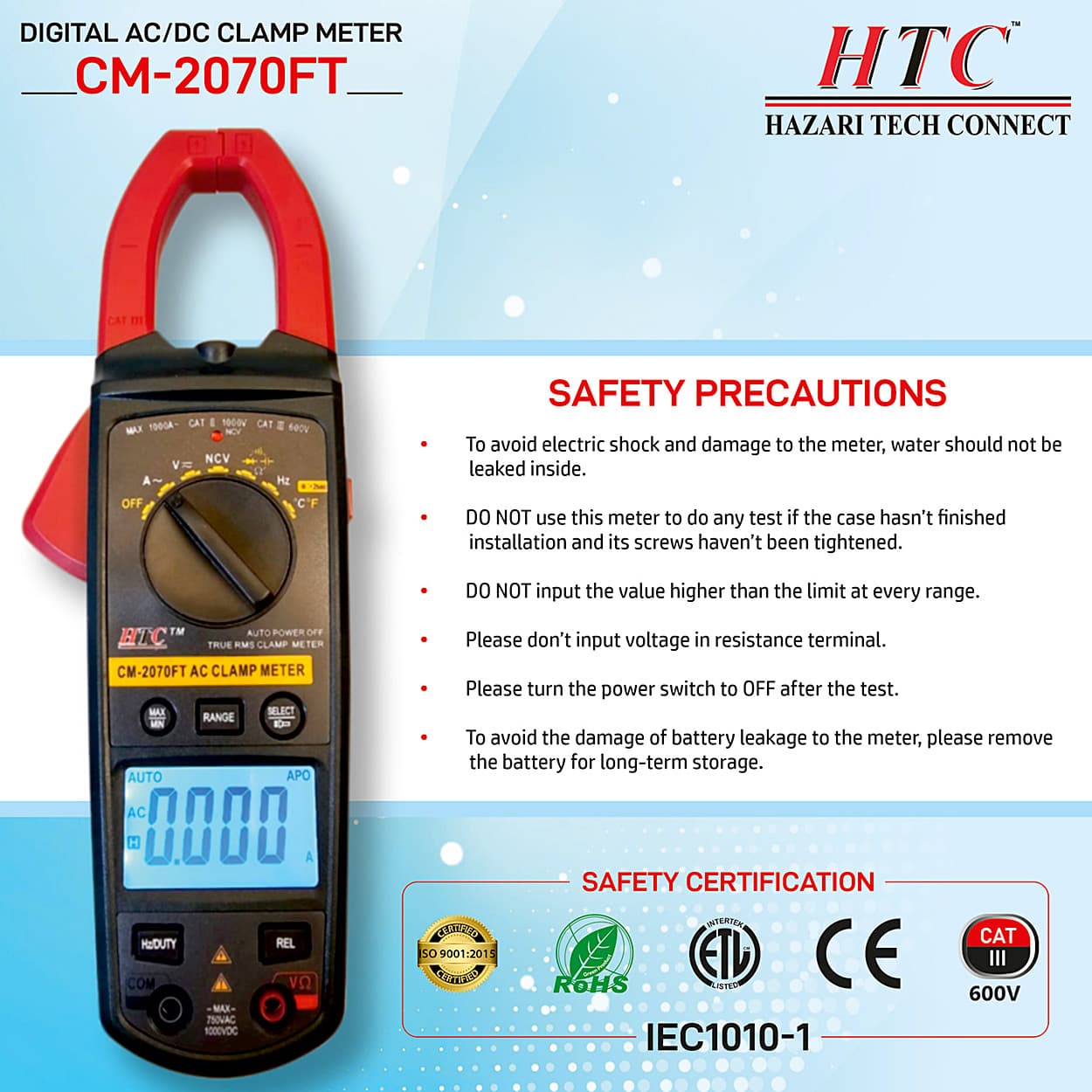 HTC 3-3/4 Digit / 1000A AC Clamp Meter With Backlight (True RMS), CM-2070FT