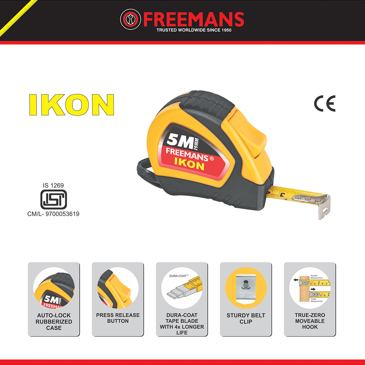 Freemans 10Mtr x 25mm Ikon Steel Tape With Belt Clip, IK1025