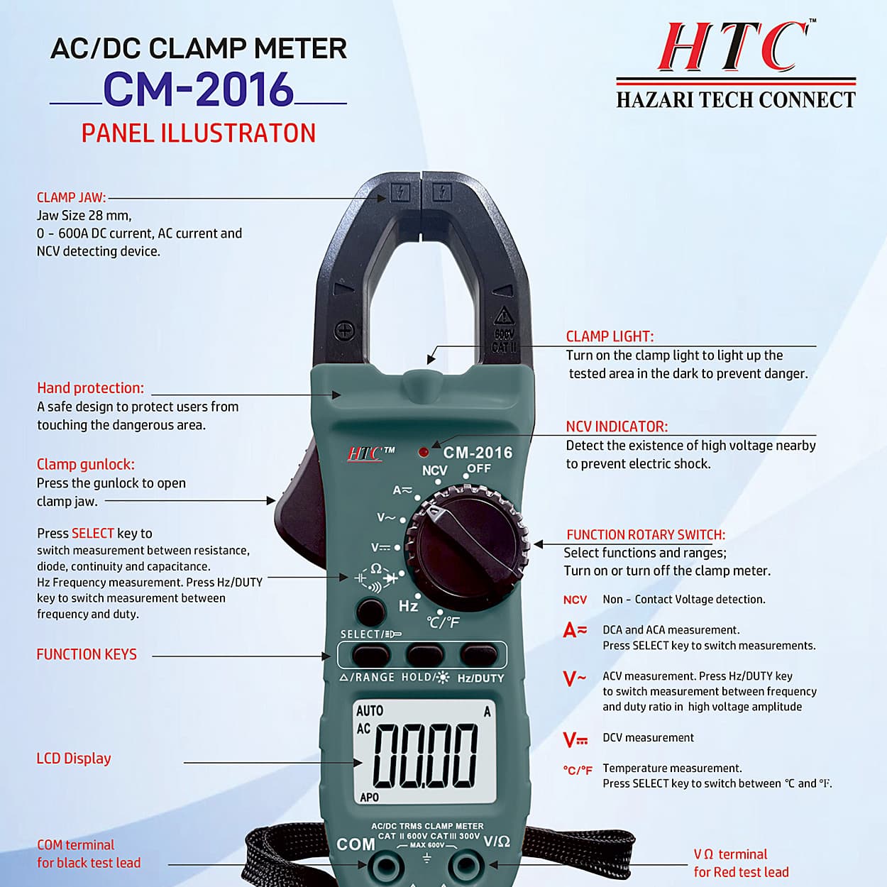 HTC 800A AC / DC 5999 Count Clamp Meter with Backlight, CM-2016