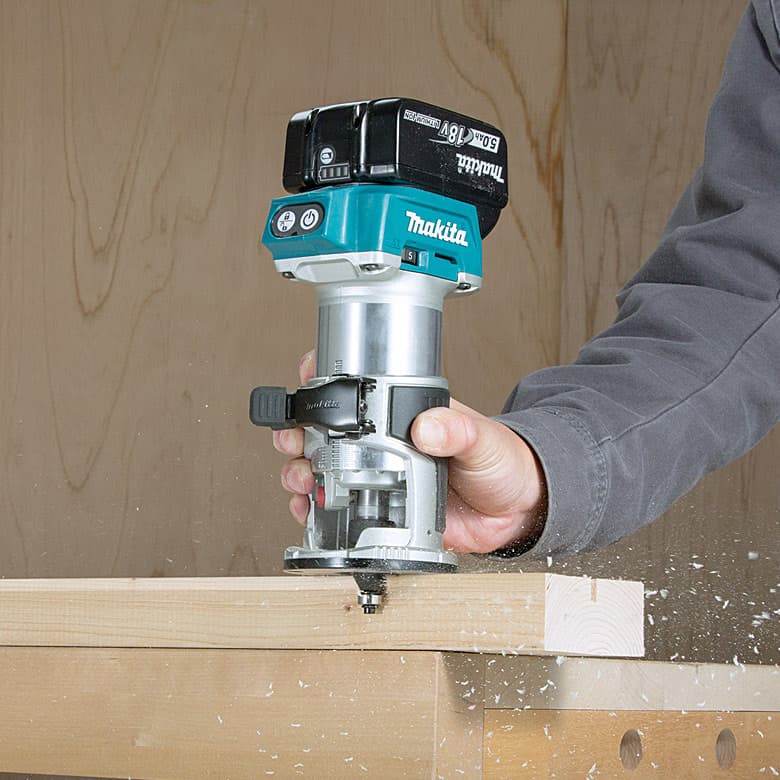 Makita 18V LXT BL 6 mm (1/4") / 8 mm (5/16") Cordless Variable Speed Trimmer with Dual LED Lights, Rapid Charger & 2 Pcs 3.0Ah Batteries, DRT50RFJ