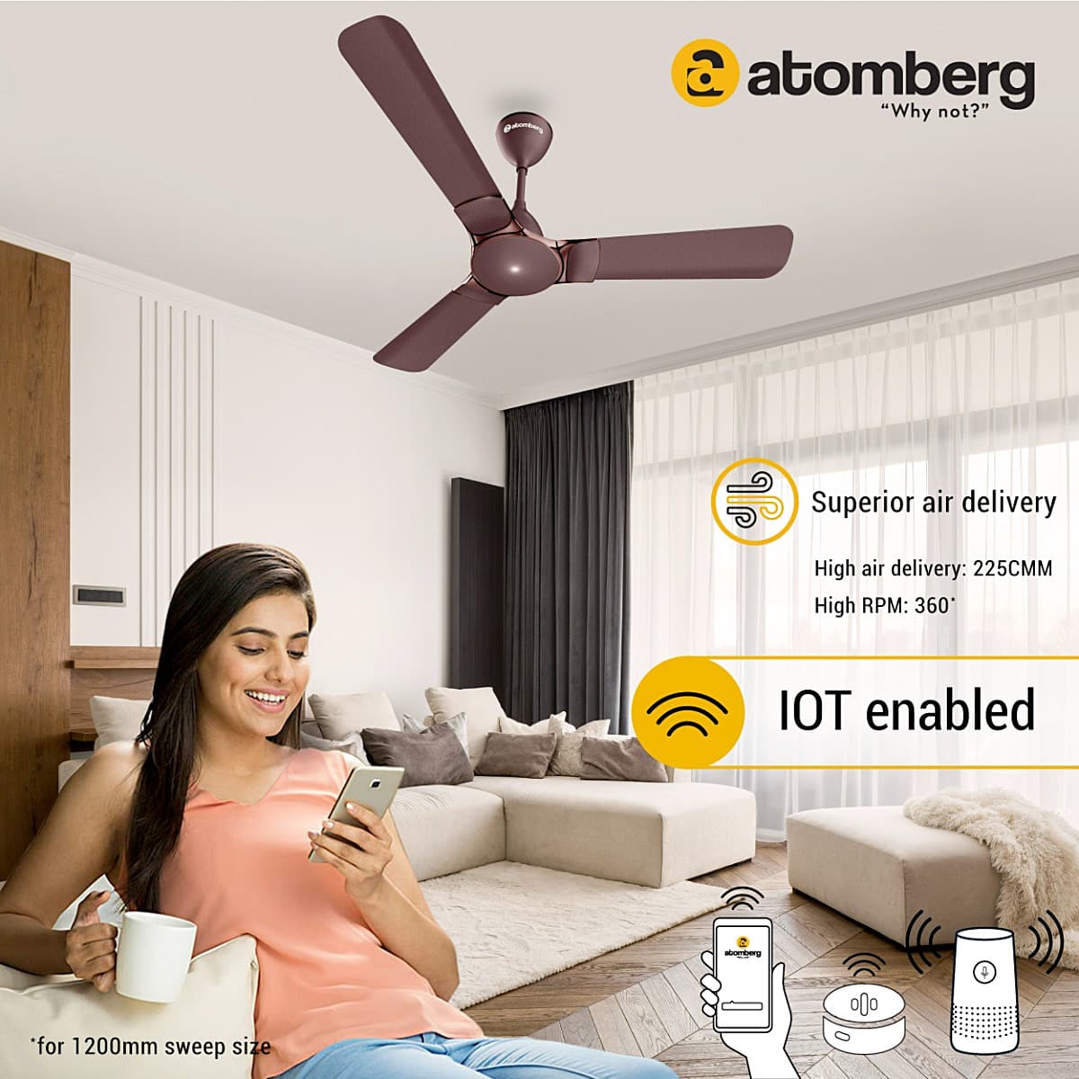 Atomberg Erica 1200 mm Smart Ceiling Fans With BLDC Motor & Remote (Brown)