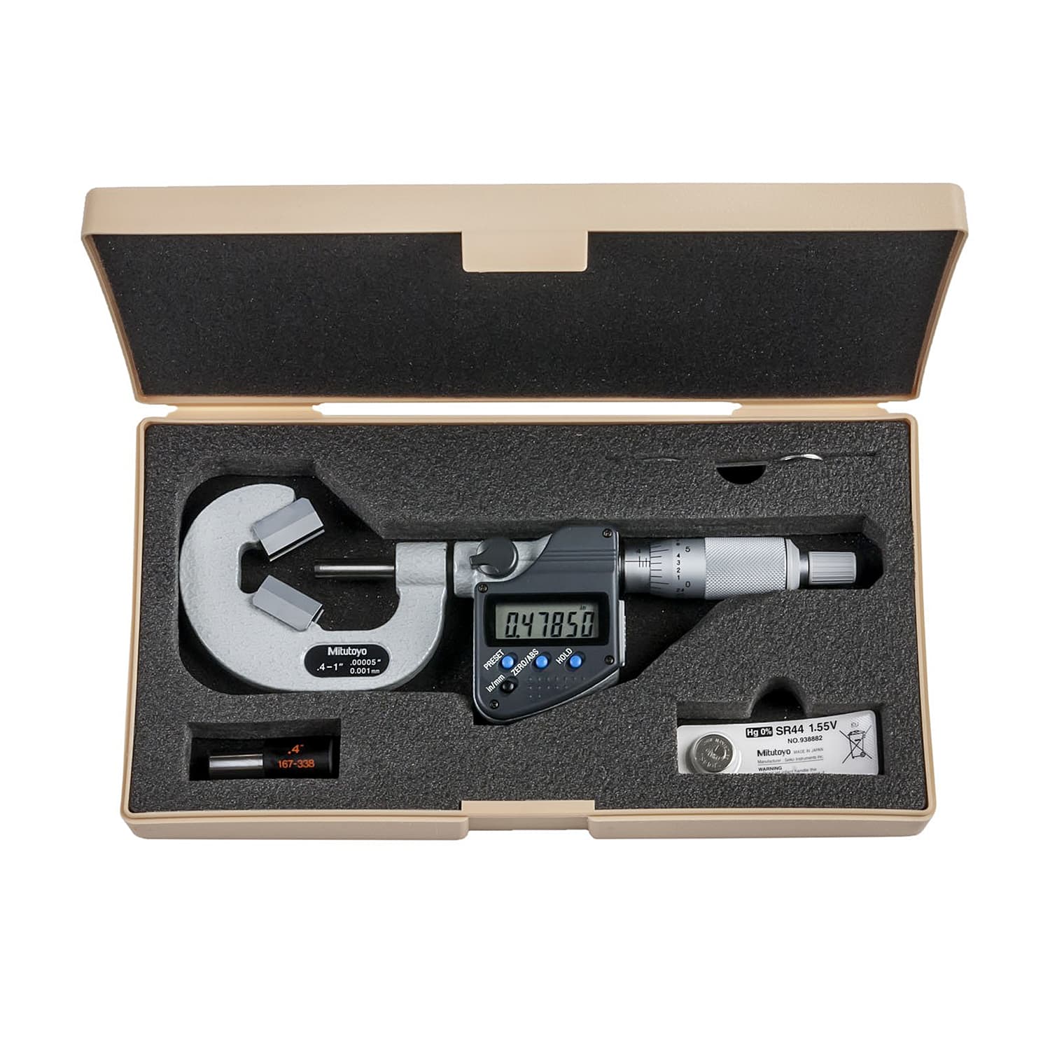 Mitutoyo 0.4 - 1 inch Digital V-Anvil Micrometer with Groove (3 Flute), 314-352-30