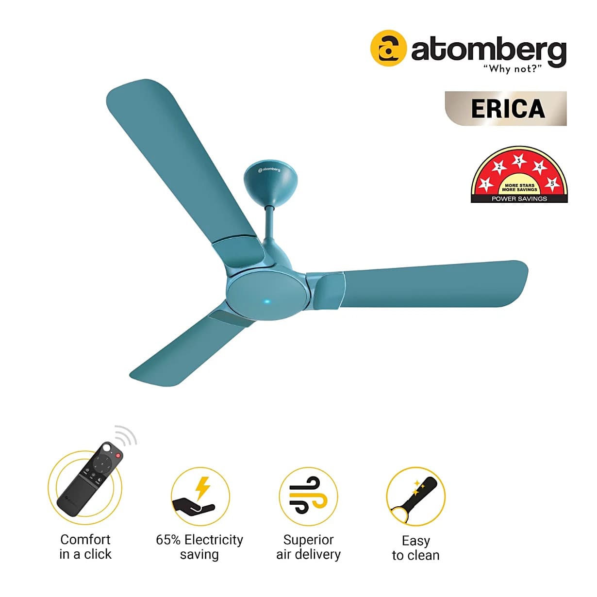 Atomberg Erica 1200 mm Regular Ceiling Fans With BLDC Motor & Remote (Aegean Blue)