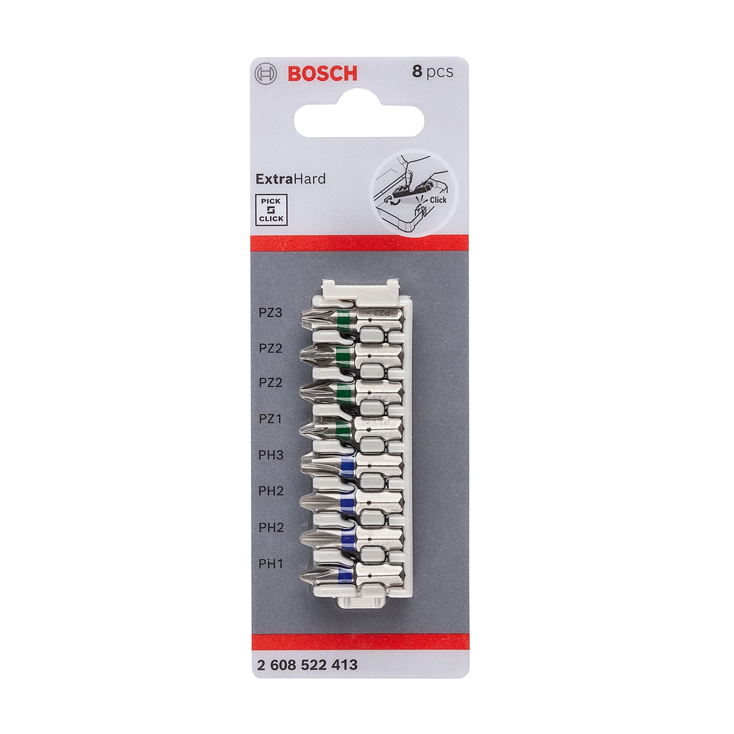 Bosch 8 Pcs Pick & Click Extra Hard Phillips & Pozidrive Screwdriver Bit Set, 2 608 522 413