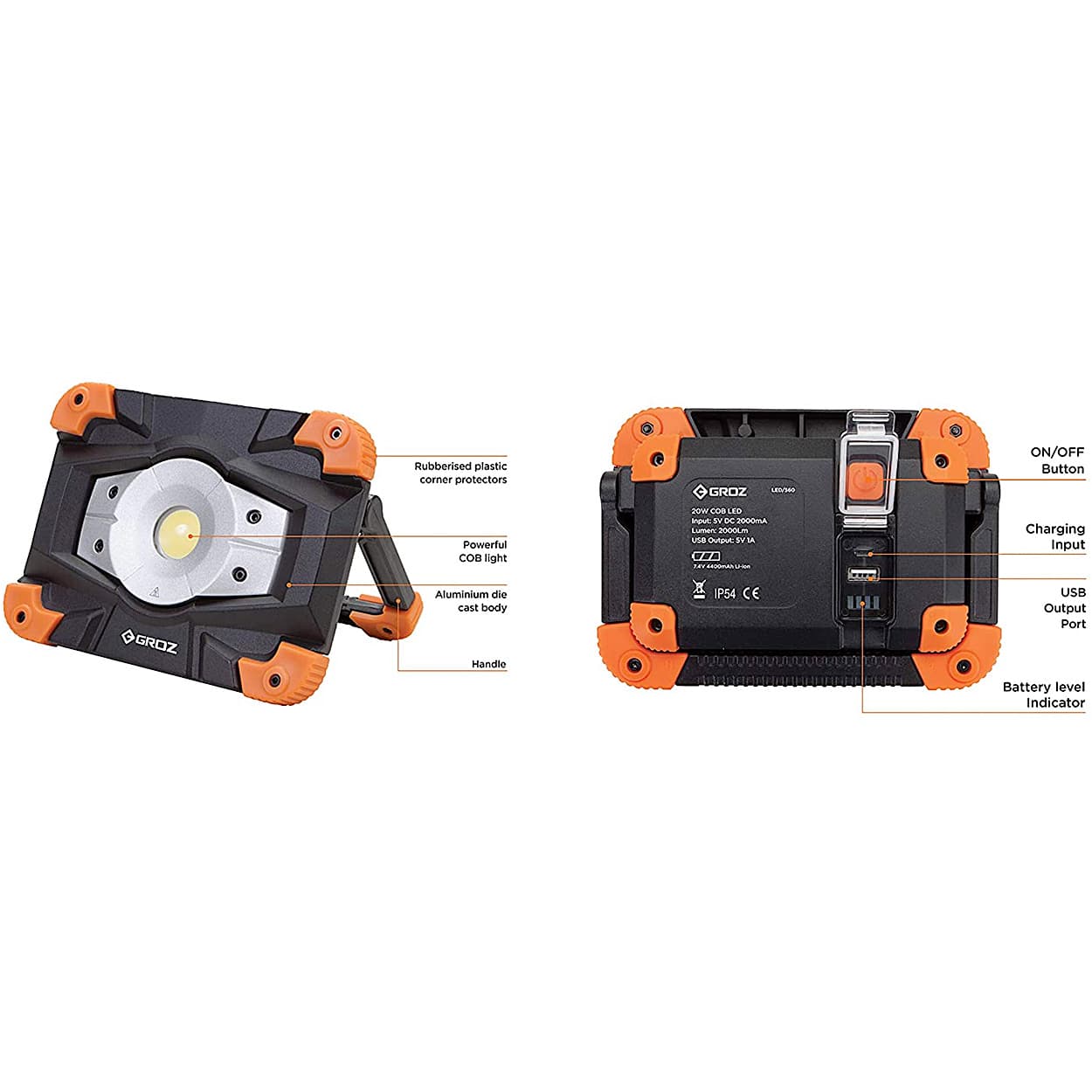 Groz 20W Heavy Duty Rechargeable COB Work Light With Built-In Power Bank, LED/560