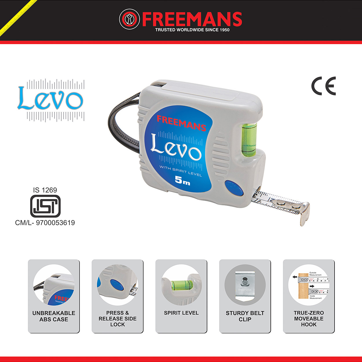 Freemans 5Mtr x 16mm Levo Steel Tape With Belt Clip, LV516