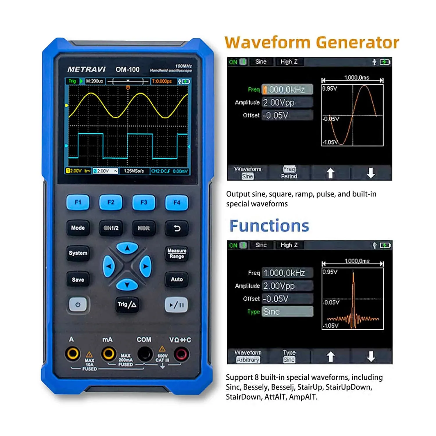 Metravi 100MHz / 500MSa/s Dual Channel Digital Handheld Oscilloscope, OM-100