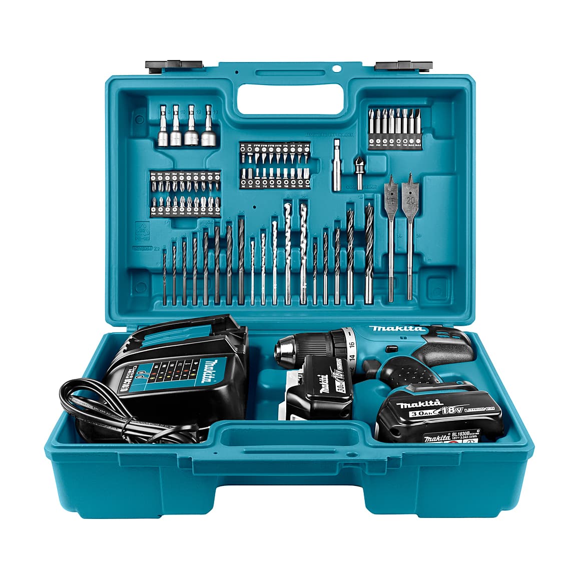 Makita 18V LXT Li-Ion 13 mm (1/2") Cordless Drill Driver with Charger & 2 Pcs 3.0Ah Batteries (74 Pcs Accesories Included), DDF453SFX1