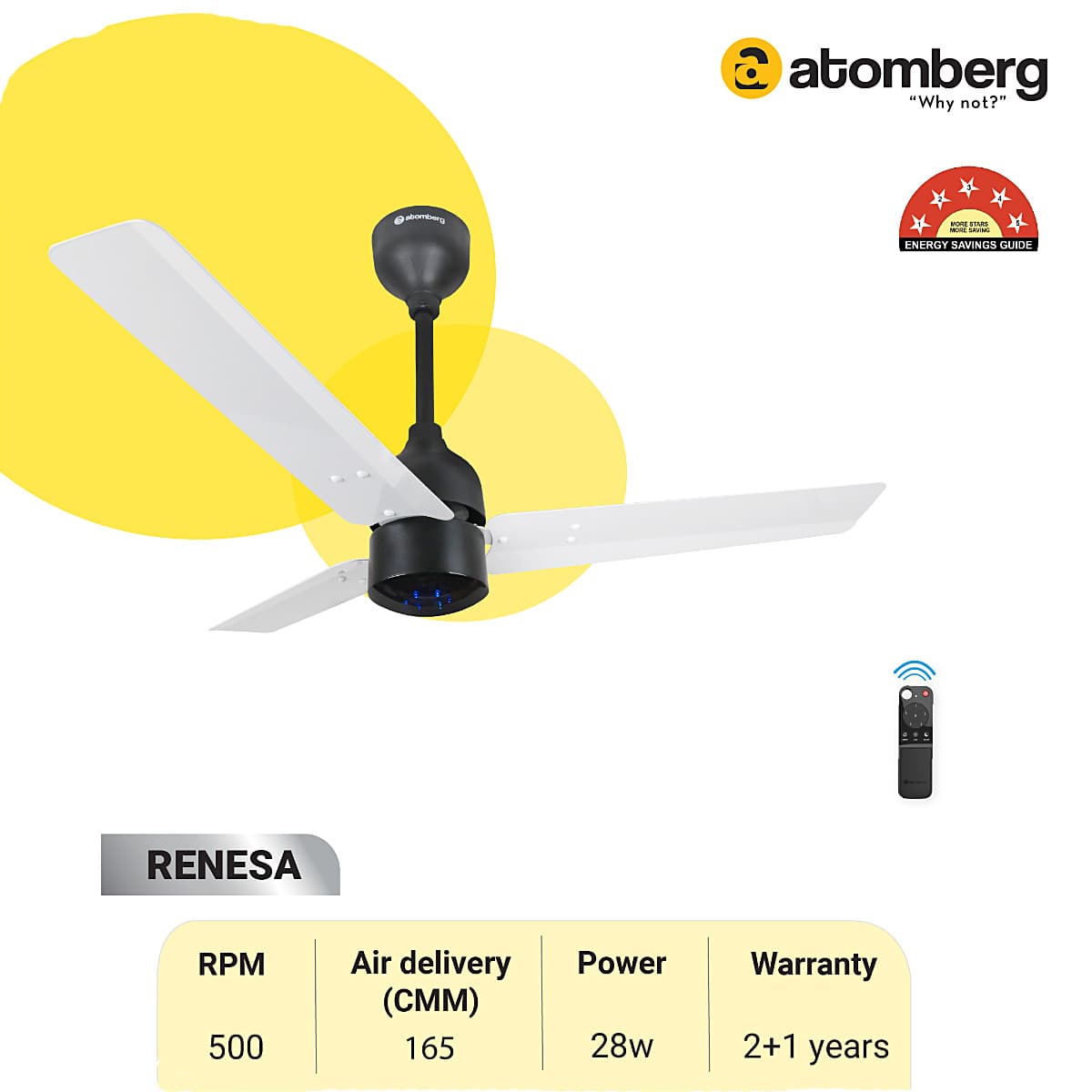 Atomberg Renesa 900 mm Energy Efficient Ceiling Fan With BLDC Motor & Remote (White & Black)