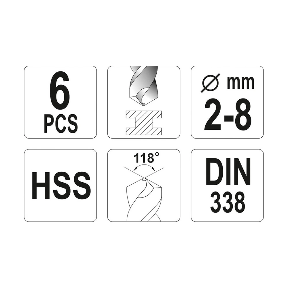 Yato 2 - 8 mm HSS Twist Drill Bits Set (6 Pcs), YT-4460