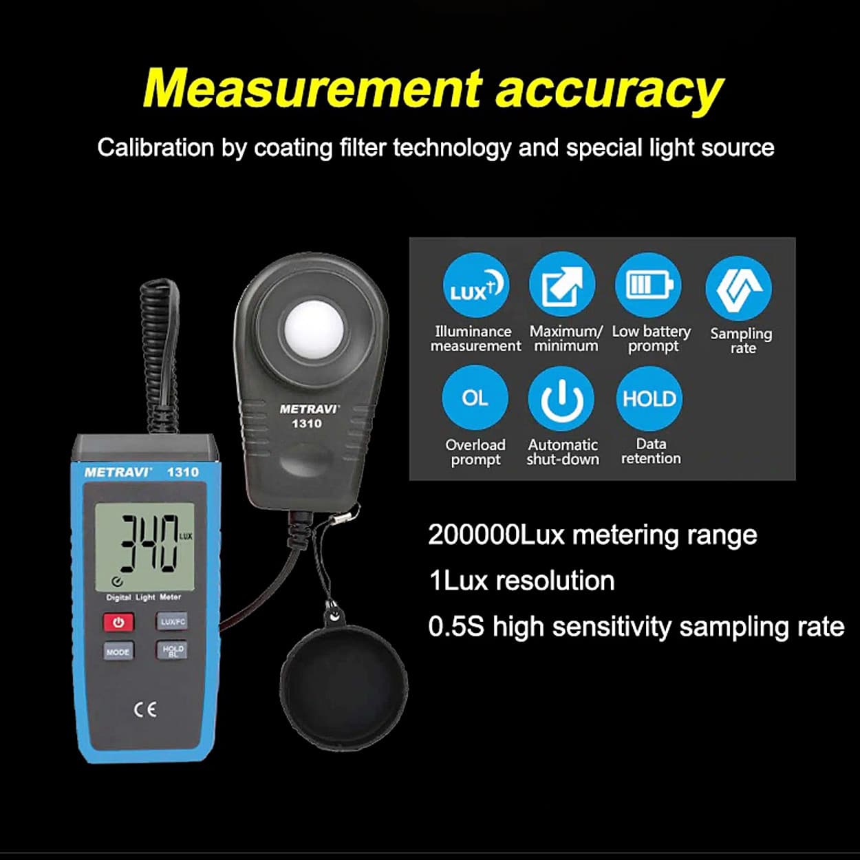 Metravi 0 - 199900 FC Auto-Ranging Digital Lux Meter (Measures In Lux & In Foot Candle), 1310