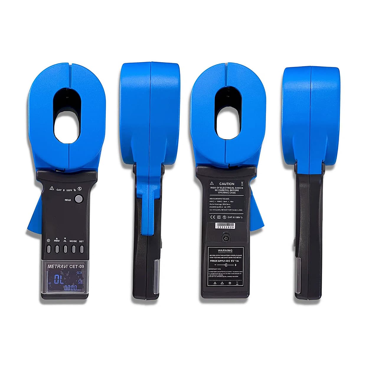 Metravi 4 Digits / 0.01Ohm - 1500Ohm Resistance Range Clamp On Ground Resistance Tester With Long Elliptical Jaw, CET-09