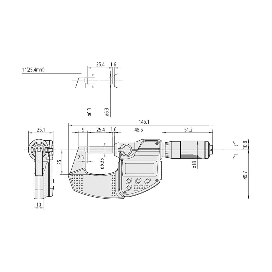 Mitutoyo 1 - 2 inch / 25.4 - 50.8 mm Digital Micrometer With Friction Thimble & SPC Data Output (IP65 Coolant-Proof), 293-336-30