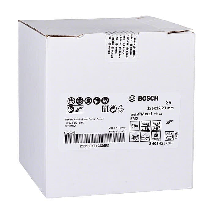 Bosch 125 mm / 36 Grit R780 Ceramic Fibre Sanding Discs Best For Metal & Inox (Pack of 50 Pcs), 2 608 621 610