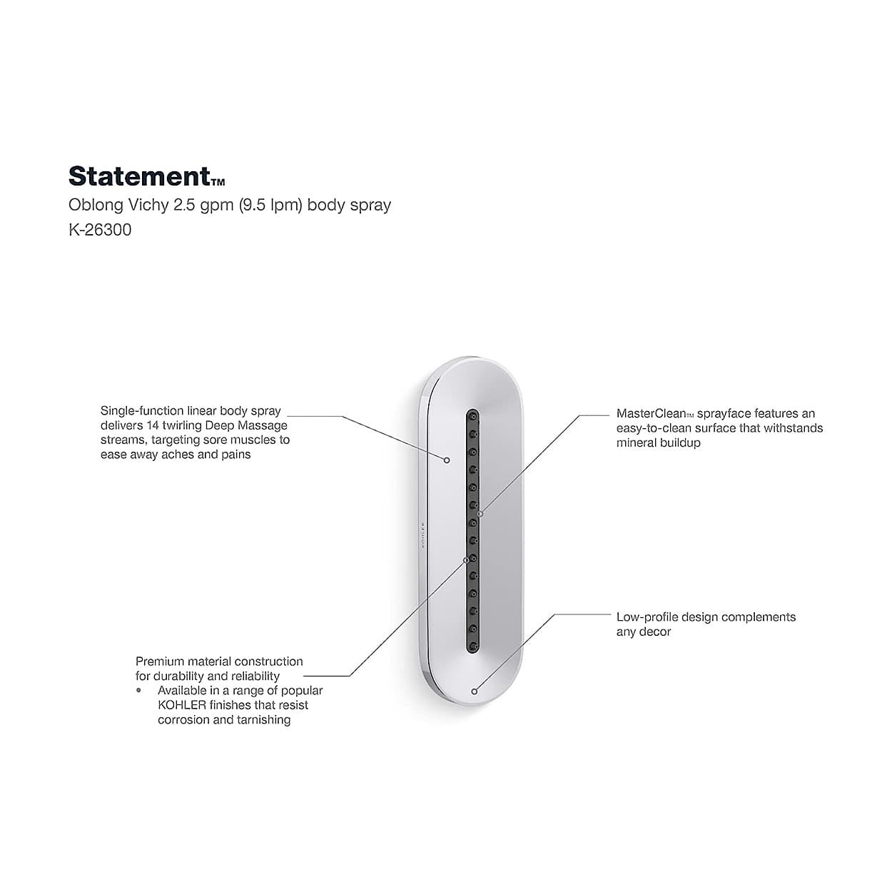 Kohler Statement Oblong Vichy Water Tile / Body Shower In Polished Chrome Finish, K-26300IN-CP