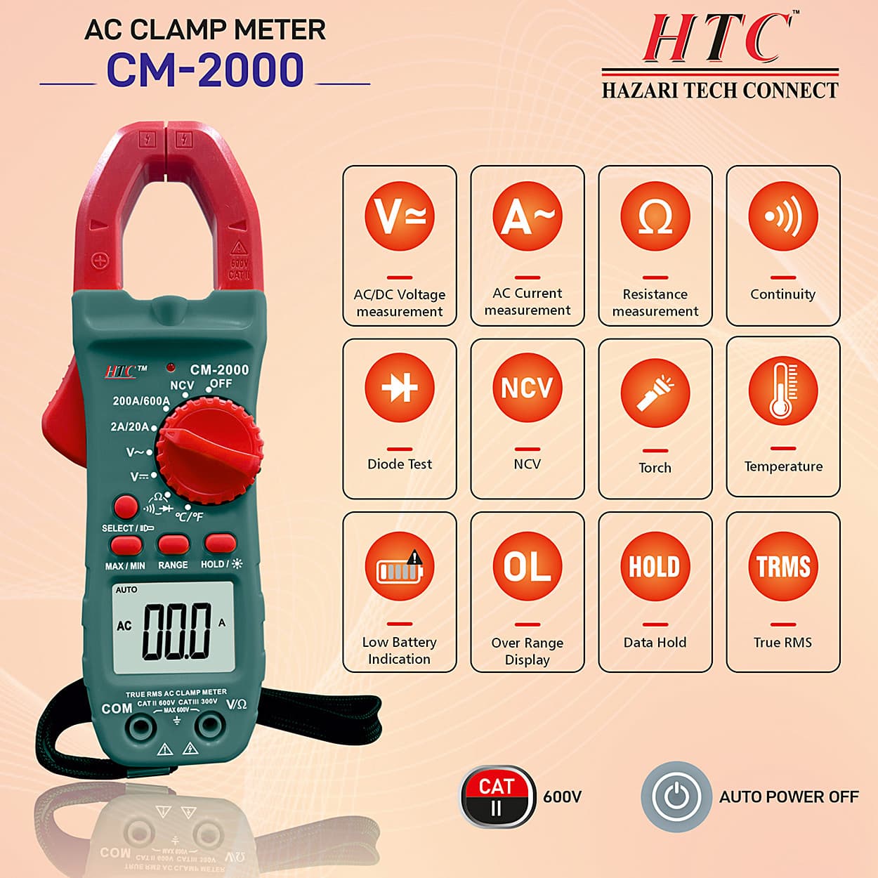 HTC 3-1/2 Digit / 600A AC Clamp Meter With Clamp Torch (True RMS), CM-2000