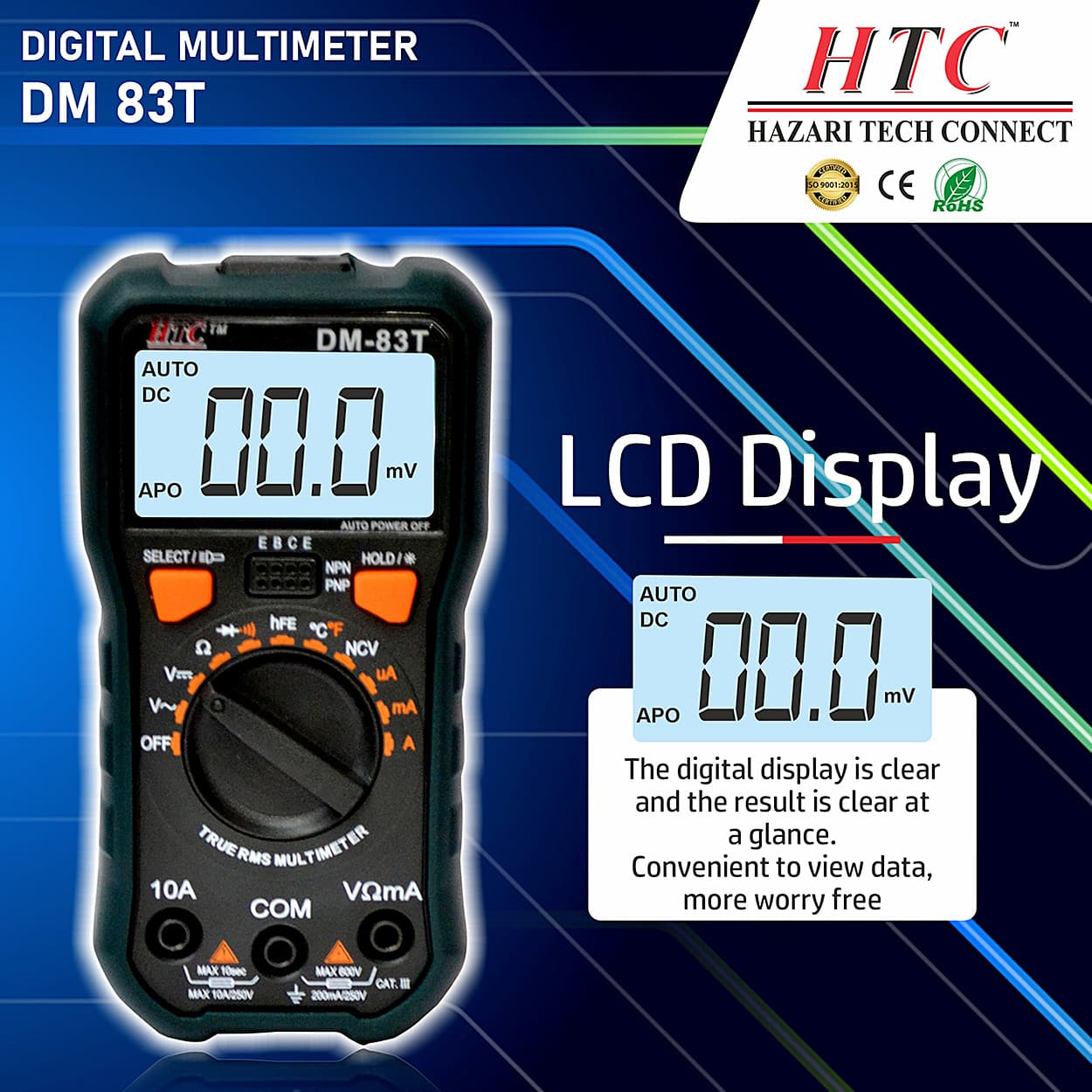HTC 3-1/2 Digit / 1999 Count True RMS Digital Multimeter With Backlight & Torch Function, DM-83T