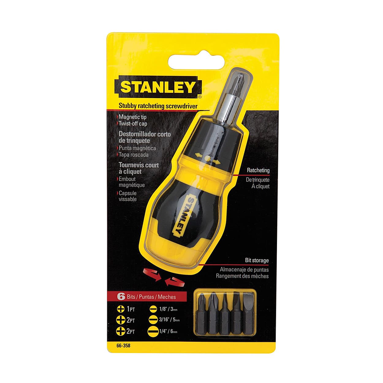 Stanley 6 Pcs Stubby Multi - Bit Ratcheting Screwdriver Set, 0-66-358