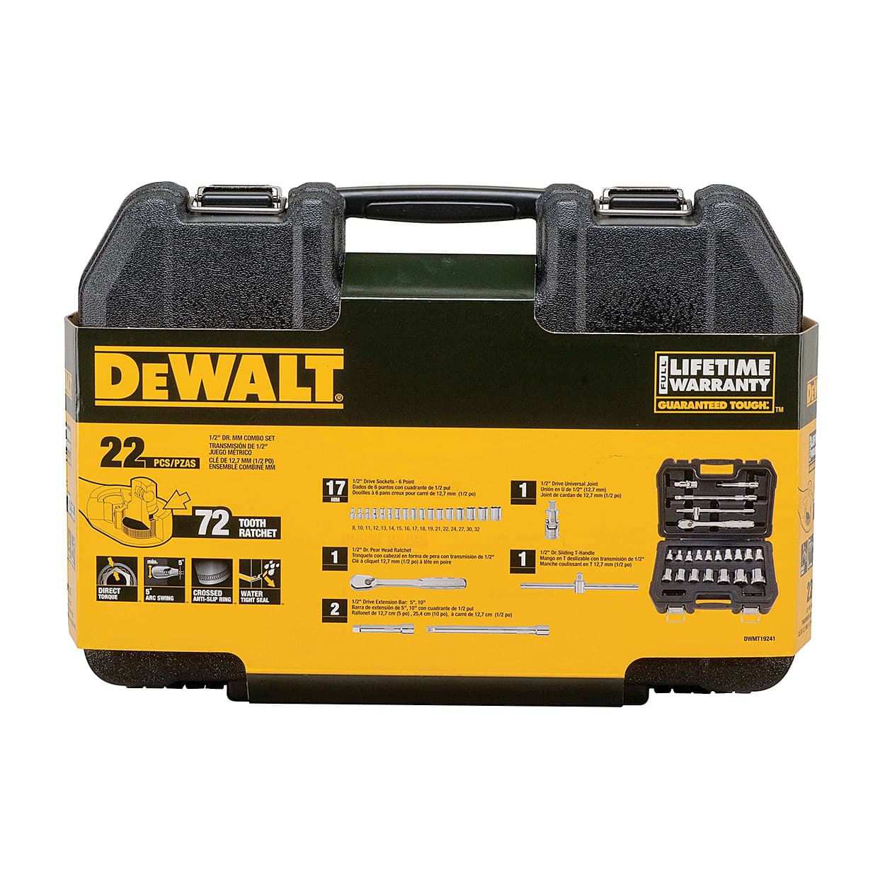 Dewalt 22 Pcs 1/2 Inch Sq. Drive 6 Pt Socket Set, DWMT19241-1