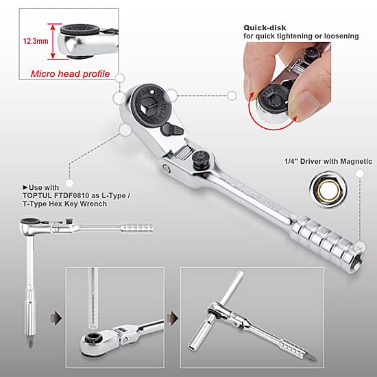 Toptul 1/4 Inch Sq. Drive Locking Flexible Head Mini Reversible Bit Ratchet, CHEV0811