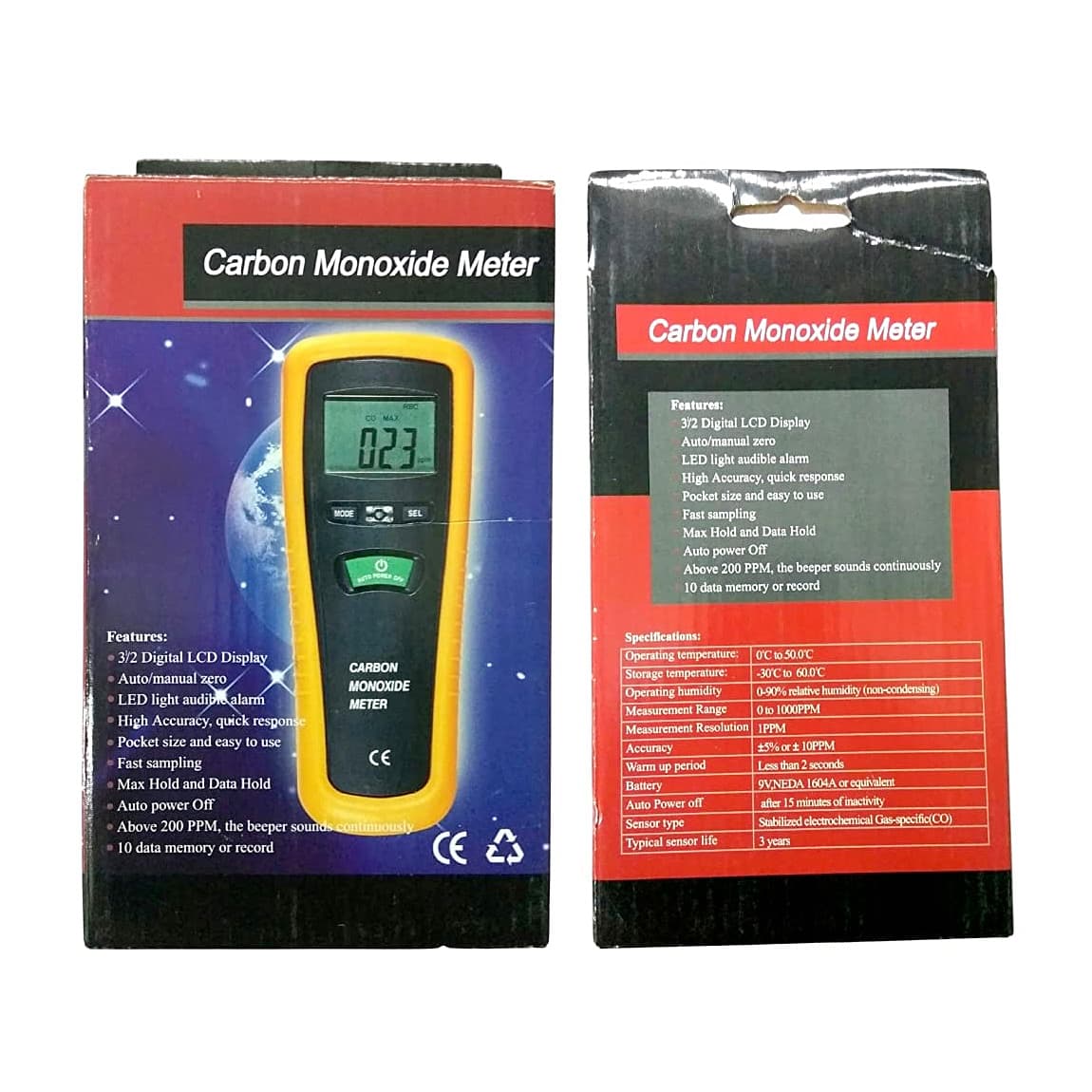 Metravi 0 - 1000 PPM Carbon Monoxide Meter With Record Mode, Backlit LCD, LED & Beeper Alarm, CO-10