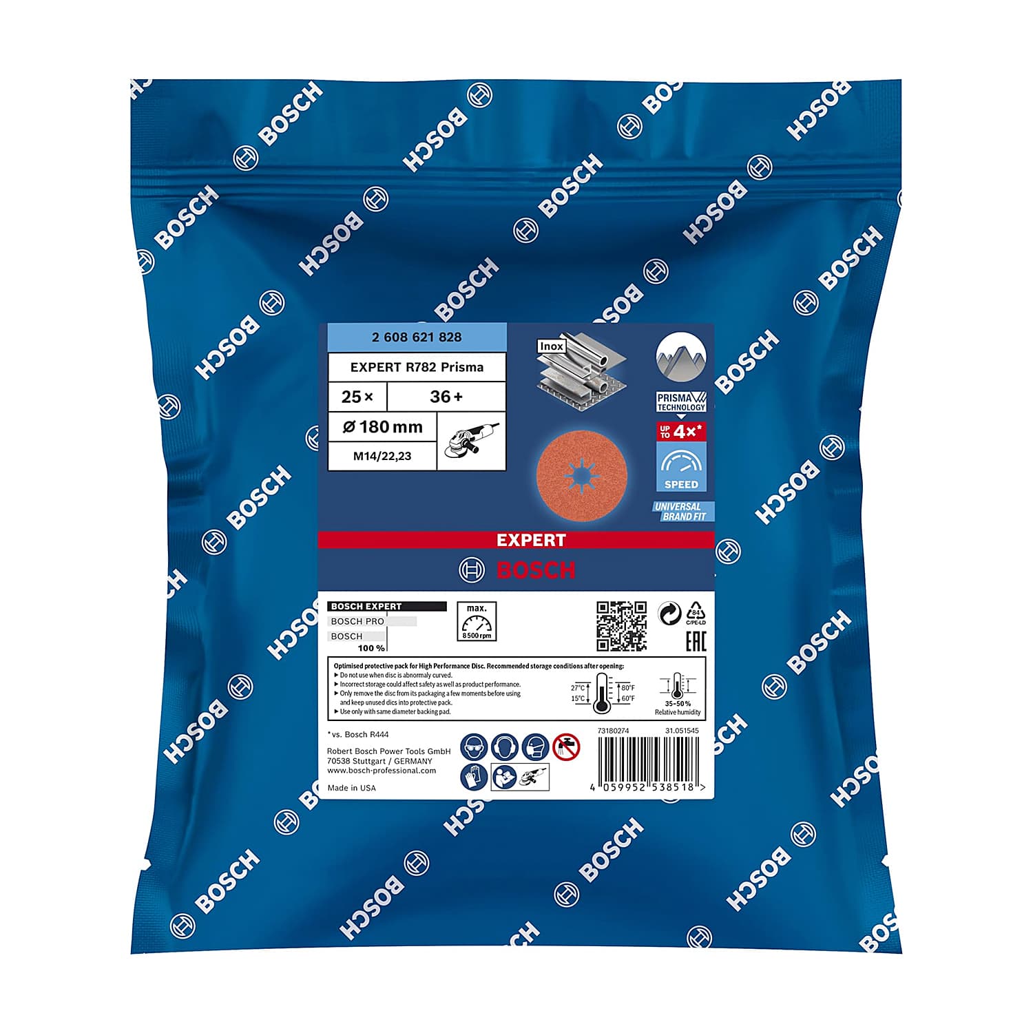 Bosch 180 mm / 36 Grit EXPERT R782 Prisma Ceramic Fibre Disc For Large Angle Grinders with Locking Nut (Pack of 25 Pcs), 2 608 621 828
