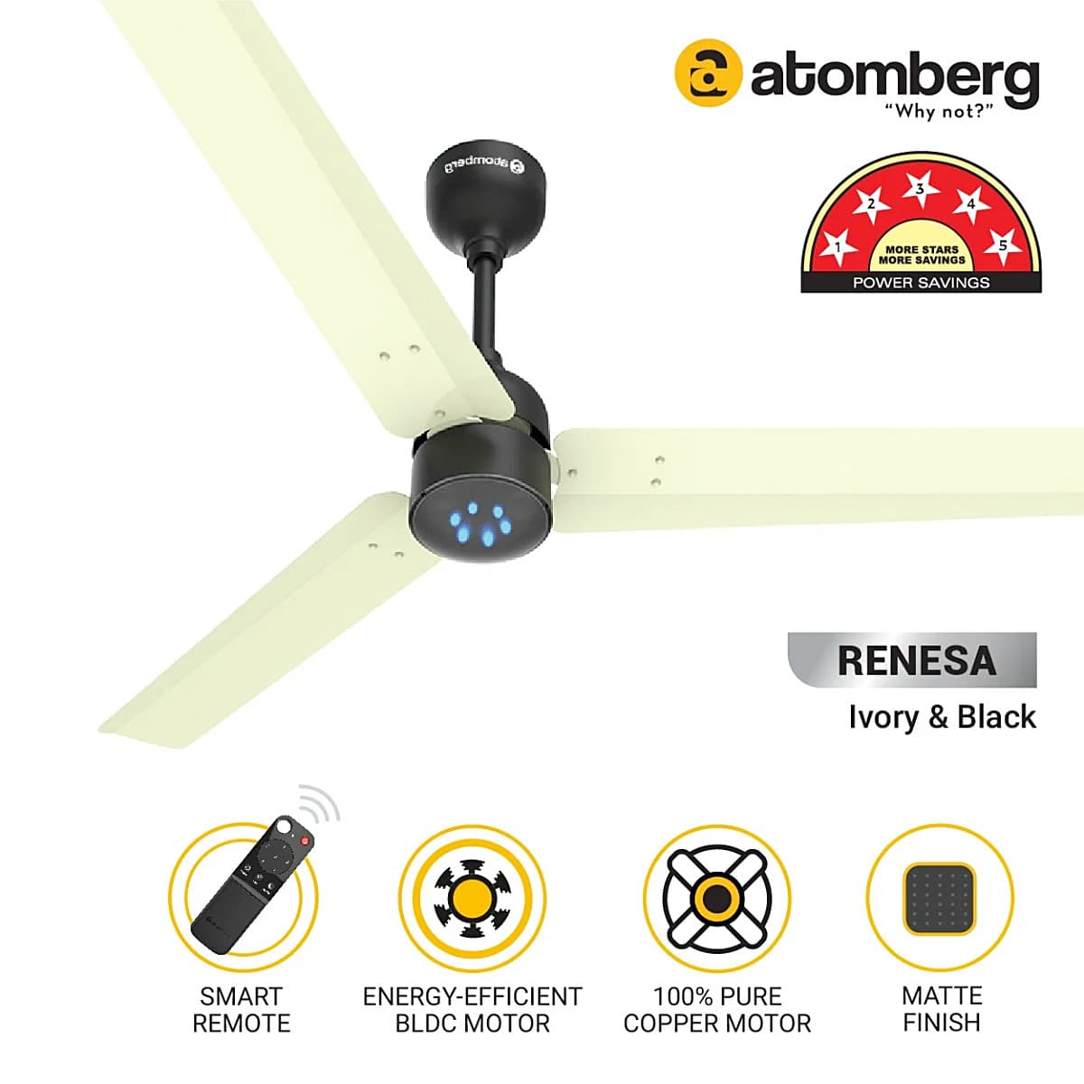 Atomberg Renesa 1200 mm Energy Efficient Ceiling Fan With BLDC Motor & Remote (Ivory & Black)