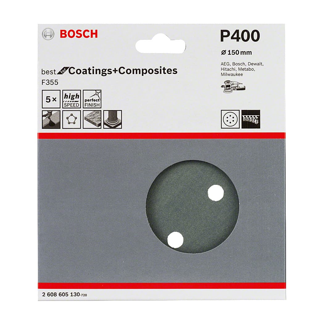 Bosch 150 mm / 400 Grit F355 Sanding Sheet (Pack of 5 Pcs), 2 608 605 130