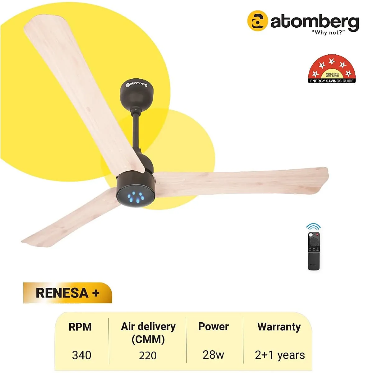 Atomberg Renesa+ 1200 mm Energy Efficient Dust Resistant Ceiling Fan With BLDC Motor & Remote (Natural Oakwood)