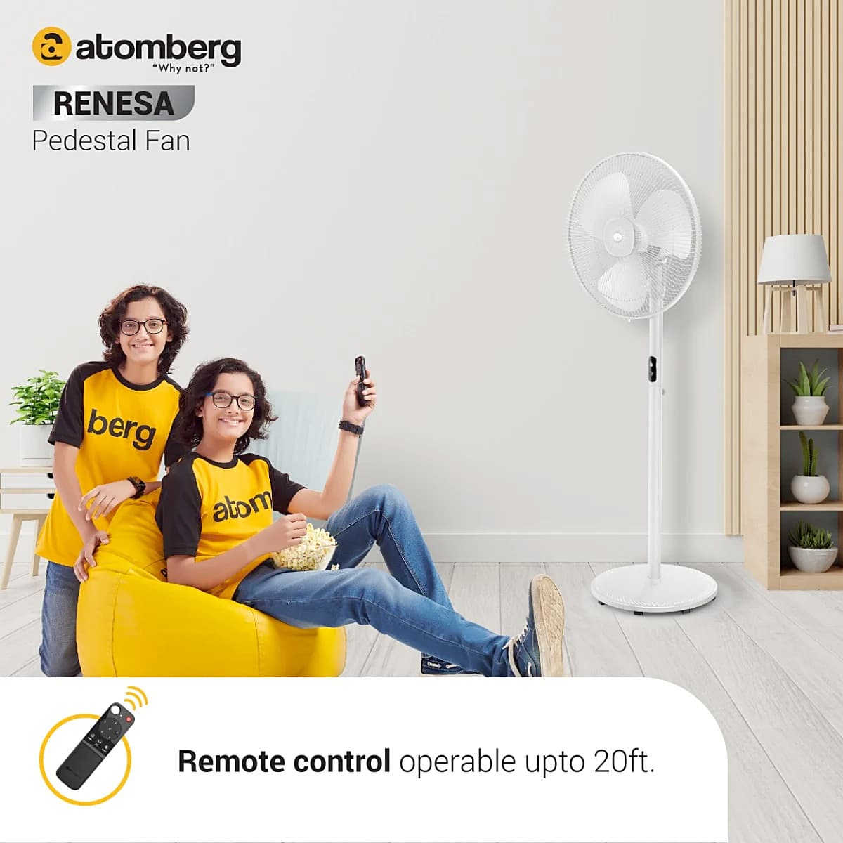 Atomberg Renesa Pedestal Fan 400 mm BLDC Motor Energy Saving With Remote Control (White)